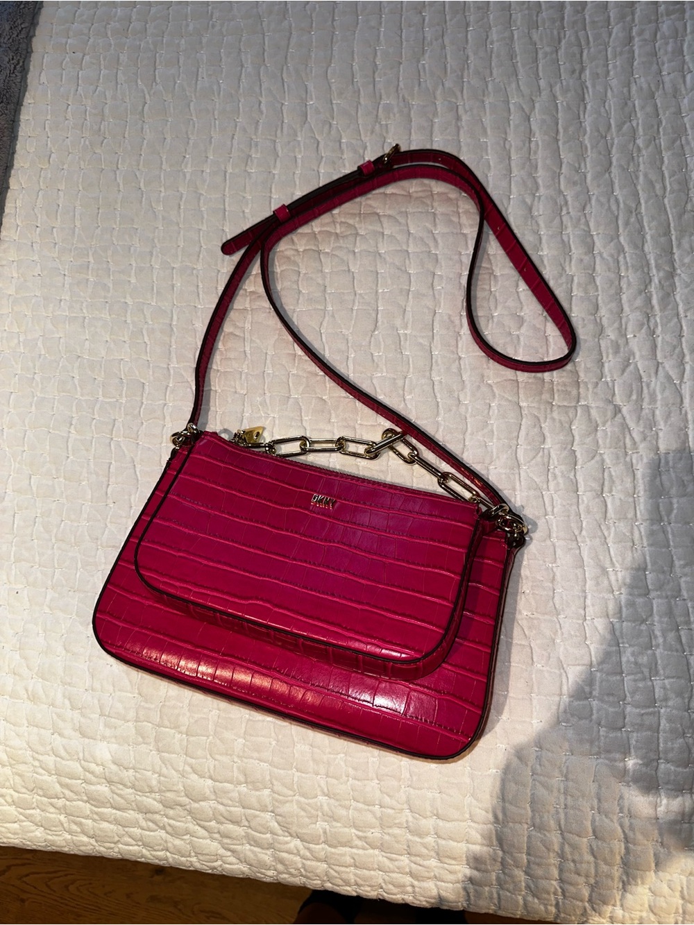 DKNY Lexi Double - Hot Pink Croc-Embossed Crossbody with Gold Chain Detail